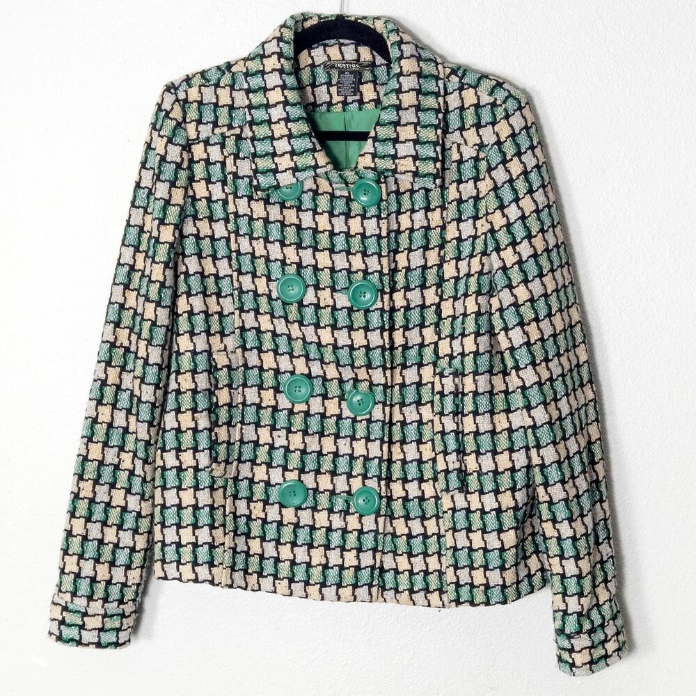 Vertigo Green Cream Tweed Jacket Size XL Preppy Plaid Textured Layer